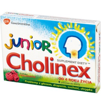Cholinex Junior, pastylki do ssania, smak malinowy,  8 szt.