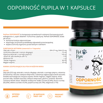 Pet Paw Odporność, preparat wspomagający odporność dla psa, kapsułki twist-off, 60 szt.