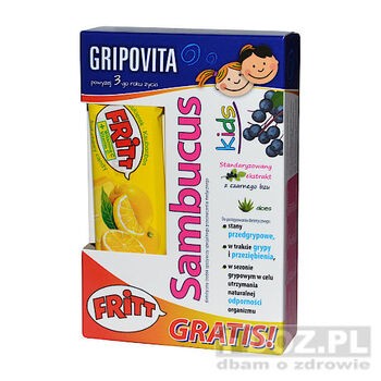 Zestaw Promocyjny Gripovita, Sambucus Kids, syrop, 100 ml + Fritt, 3 listki GRATIS