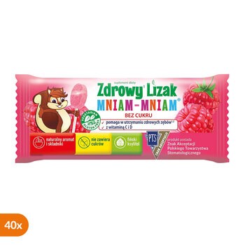 Zdrowy Lizak MniamMniam, na ząbki kości i odporność z witaminą C i D, smak malinowy, lizaki, 40 szt.