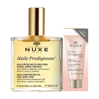 Zestaw Promocyjny Nuxe Prodigieuse, Huile Prodigieuse, suchy olejek o wielu zastosowaniach, 100 ml + Prodigieuse Boost, krem-żel naprawczy do twarzy, 15 ml GRATIS