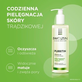 Iwostin Purritin, aktywny żel do mycia twarzy, skóra tłusta i trądzikowa, 150 ml