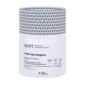 Aura Herbals, Colladrop Sport, kolagen morski 5000 mg, saszetki z proszkiem, smak mango-marakuja, 30 szt.