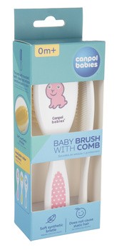 Canpol Babies, Zestaw szczotka z miękkim włosiem i grzebień dla niemowląt, różowy, 1 szt.