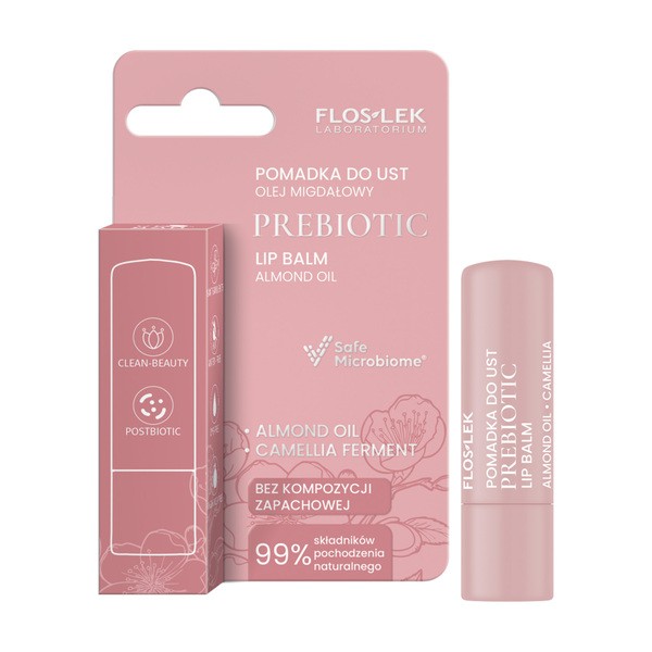 FlosLek Laboratorium Flos-Lek Prebiotic, Prebiotyczna pomadka do ust, olej migdałowy, 4 g — Składniki i ocena