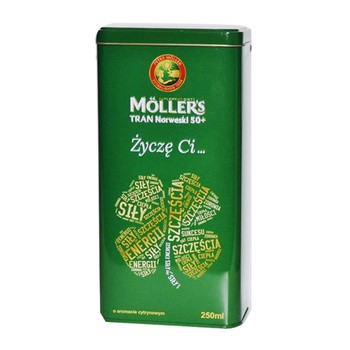 Moller`s Tran Norweski 50+, aromat cytrynowy, świąteczna puszka, 250 ml