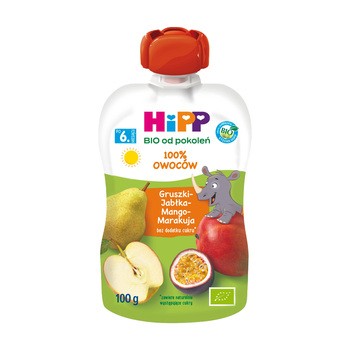 Hipp, mus 100% owoców gruszki, jabłka, mango, marakuja, BIO, 6m+, 100 g