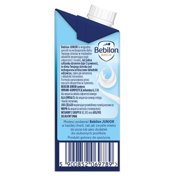 Bebilon Junior, gotowa do picia wzbogacona formuła na bazie mleka, od 2. do 6. roku życia, 200 ml