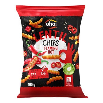 Oho, chipsy z czerwonej soczewicy o smaku flaming hot, 100 g