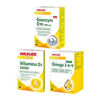 Zestaw Walmark Plus Witamina D3 2000, kapsułki miękkie, 60 szt. + Omega 3-6-9, kapsułki, 60 szt. + Koenzym Q10 Max, 100 mg, kapsułki, 30 szt.