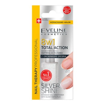 Eveline Total Action Silver Shine, skoncentrowana odżywka do paznokci z drobinkami srebra 8w1, 12 ml