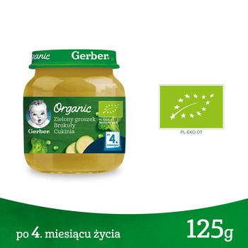 Gerber Organic, przecier zielony groszek brokuły cukinia, 4 m+, 125 g