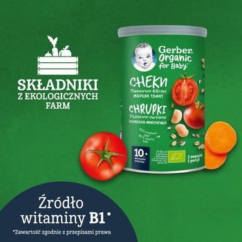 Gerber Organic, chrupki pszenno-owsiane pomidor, marchewka, 10 m+, 35 g