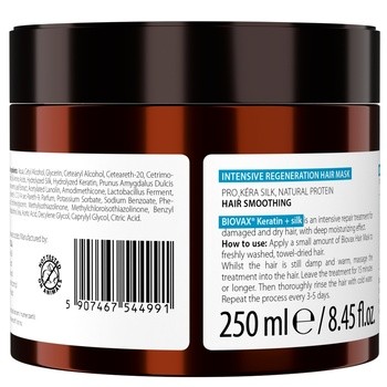 Biovax Keratyna + Jedwab, intensywnie regenerująca maseczka do włosów, 250 ml