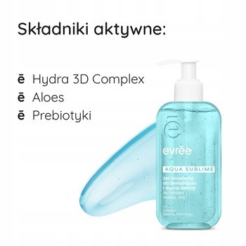 Evree Aqua Sublime, żel micelarny do demakijażu i mycia twarzy, 200 ml