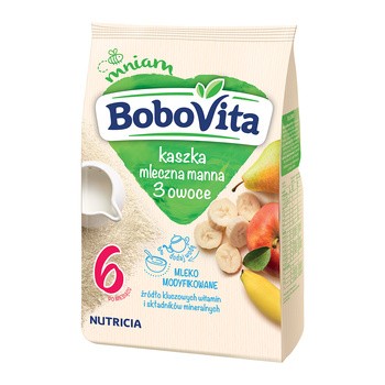 BoboVita, mleczna kaszka manna, 3 owoce, 6m+, 230 g