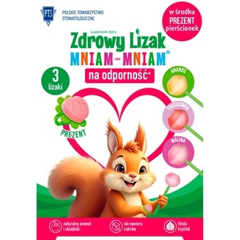 Zdrowy Lizak MniamMniam, smak anansowy, 1 szt. + smak malinowy, 1 szt. + smak truskawkowy, 1 szt. + niespodzianka w postaci słodkiego pierścionka