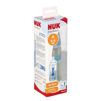 NUK First Choice, butelka 300 ml ze wskaźnikiem temperatury, 0 - 6 m., krokodyle, 1 szt.