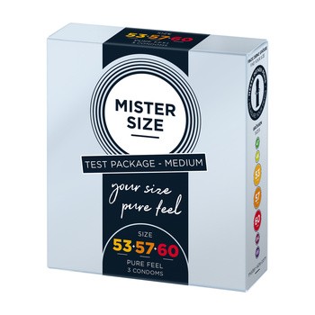 Mister Size, prezerwatywy, 53 mm, 57 mm i 60 mm, pakiet próbny średni, 3 szt.