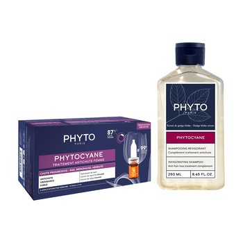 Zestaw Phytocyane, szampon uzupełniający kurację przeciw wypadaniu włosów dla kobiet, 250 ml + kuracja przeciw wypadaniu włosów dla kobiet, 12 ampułek x 5 ml