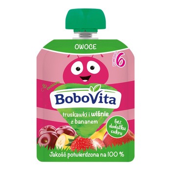 BoboVita, truskawki i wiśnie z bananem, mus, 6 m+, 80 g