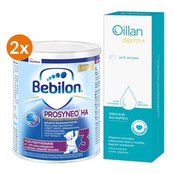 Zestaw, Bebilon Prosyneo HA 3, mleko modyfikowane po 1. roku, 2 x 400 g + Oillan Derm+, emulsja do kąpieli, 200 ml