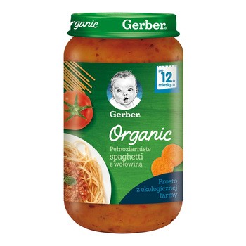 Gerber Organic, Pełnoziarniste spaghetti z wołowiną, 12 m+, 250 g
