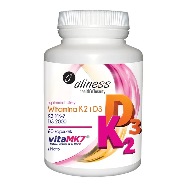 Witamina K2 MK7 100 µg + D3 2000 IU 60 kapsułek [Aliness] - Aliness Health'N'Beauty
