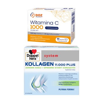 Zestaw DOZ Product Witamina C 1000 + bioflawonoidy, kapsułki, 60 szt. + Doppelherz system Kollagen 11.000 PLUS, płyn, ampułki, 30 szt. x 25 ml