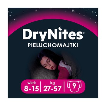 DryNites Girls, pieluchomajtki dla dziewczynek na noc, 8 - 15 lat (27 - 57 kg), 9 szt.