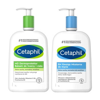 Zestaw Cetaphil 2 x 1 l, Cetaphil EM, emulsja micelarna do mycia + Cetaphil MD Dermoprotektor, balsam do twarzy i ciała