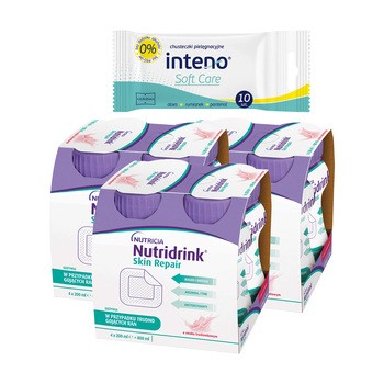 Zestaw 3 x Nutridrink Skin Repair, smak truskawkowy, płyn, 4 x 200 ml + INTENO Soft Care, chusteczki pielęgnacyjne, 10 szt.