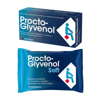 Zestaw Procto-Glyvenol, 400 mg + 40 mg, czopki doodbytnicze, 10 szt. + Procto-Glyvenol Soft, nawilżane chusteczki dla osób z hemoroidami, 30 szt.