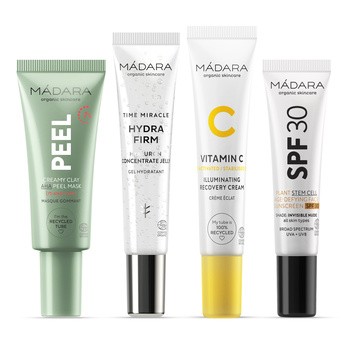 Zestaw Madara Skin Stars 4 Mini Bestseller Set, maska, 17 ml + serum nawilżające, 15 ml + krem z witaminą C, 15 ml + krem przeciwzmarszczkowy, 10 ml
