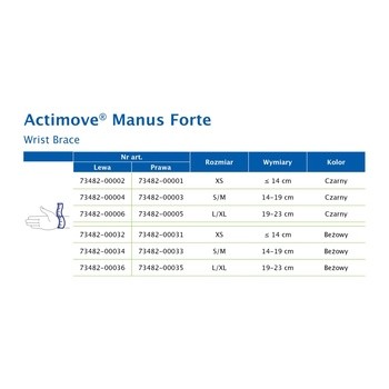 Actimove PL Manus Forte Wrist Brace, orteza lewego nadgarstka, rozmiar XS, 1 szt.
