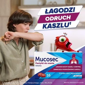 Mucosec, pastylki do ssania na suchy kaszel, wiśnia i owoce leśne, 16 szt.