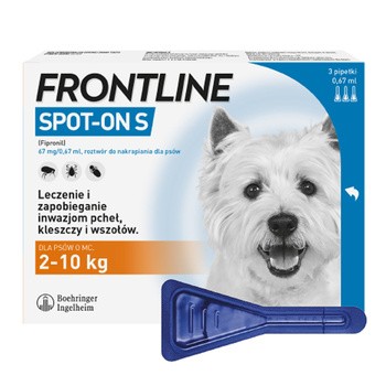 Frontline Spot-on S Pies 2-10 kg, ochrona przeciw pchłom i kleszczom, krople w pipetach, 0,67 ml x 3 szt.