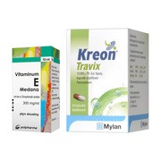 Zestaw Kreon Travix, 10 000, kapsułki dojelitowe, 50 szt. (butelka) + Vitaminum E, (300 mg / ml), krople, 10 ml (Medana)