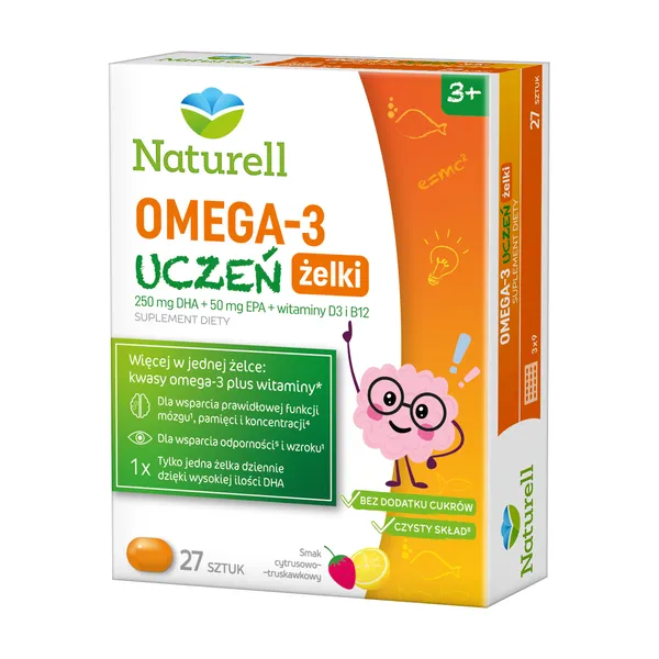 Омега-3 Naturell для детей, с витаминами D3 и B12, жевательные мармеладки, вкус цитрус и клубника, 27 штук
