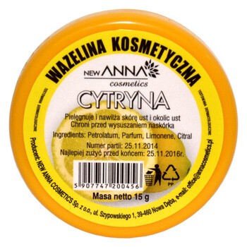 New Anna Cosmetics, wazelina do ust, cytrynowa 15 g