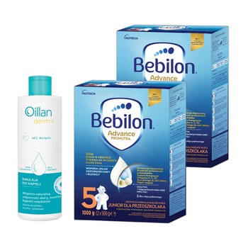 Zestaw 2x Bebilon Advance Pronutra 5, Junior, formuła na bazie mleka dla przedszkolaka, 1000 g + Oillan Derm+, emulsja do kąpieli, 200 ml