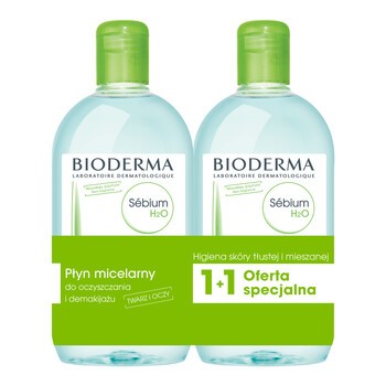Zestaw Promocyjny Bioderma Sebium H2O, płyn micelarny do oczyszczania twarzy i zmywania makijażu, 500 ml x 2 szt.