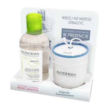 Zestaw Promocyjny Bioderma Sebium H2O, płyn micelarny do oczyszczania twarzy, 250 ml + podróżne etui na waciki