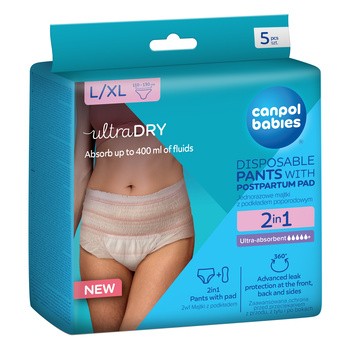 Canpol Babies, oddychające i ultrachłonne jedorazowe majtki 2w1 z podkładem poporodowym L/XL, 5 szt.