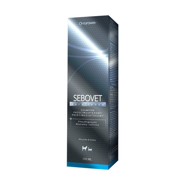 Eurowet Sebovet Excellence, szampon przeciwłupieżowy i przeciwłojotokowy z fitosfingozyną i ekstraktami roślinnymi dla psów i kotów, 200 ml