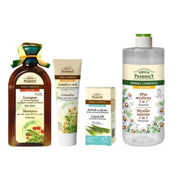Zestaw Promocyjny Green Pharmacy, szampon, 350 ml + krem do rąk, 100 ml + jedwab, 30 ml + płyn micelarny, 500 ml
