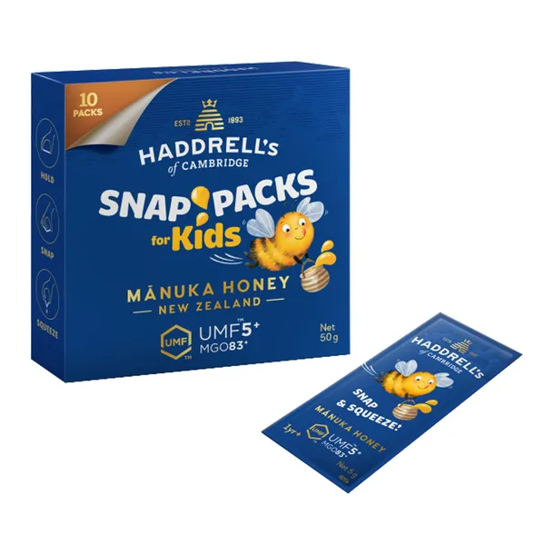 Мёд манука для детей Haddrell's Snap Packs Kids UMF 5+, MGO 83+, 10 саше по 5 г