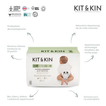 Kit & Kin, pieluszki 2 Midi (4-8 kg), Myszka/Panda, 38 szt.