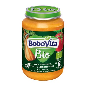 BoboVita Bio,wołowinka w pomidorach z dynią i makaronem, 8 m+, 190 g