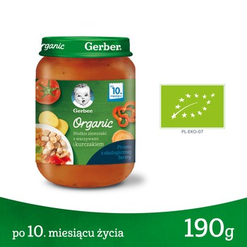 Gerber Organic, obiadek słodkie ziemniaki z warzywami i kurczakiem, 10 m+, 190 g